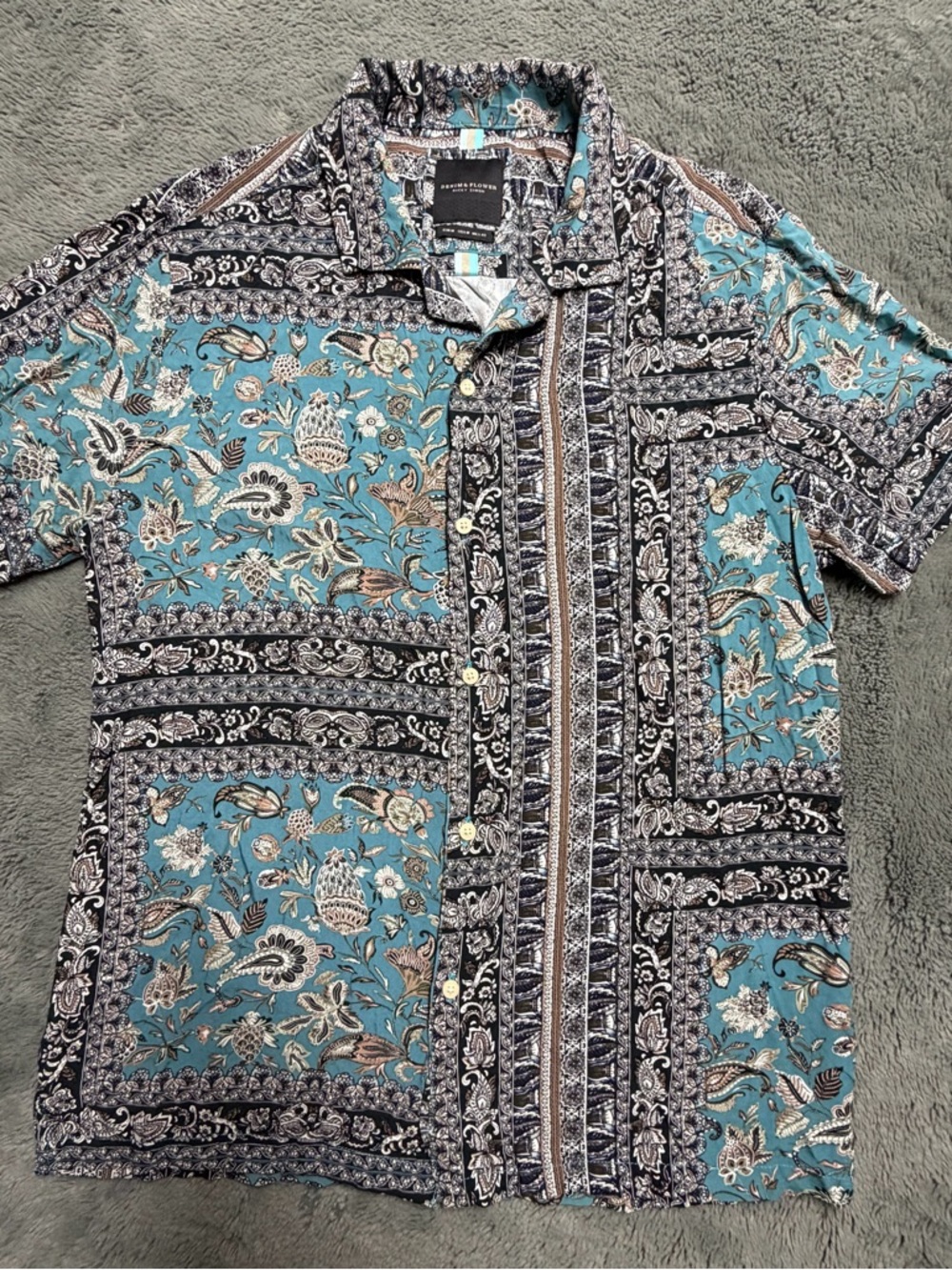 Denim & Flower Teal Paisley Medium Patchwork Short-Sleeve Button-Up Shirt